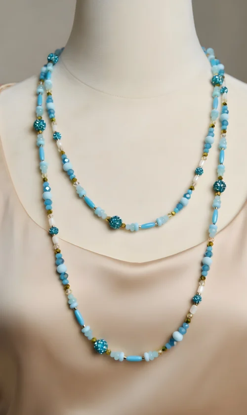 türkis glitzer langkette – mit blauen schmuckperlen