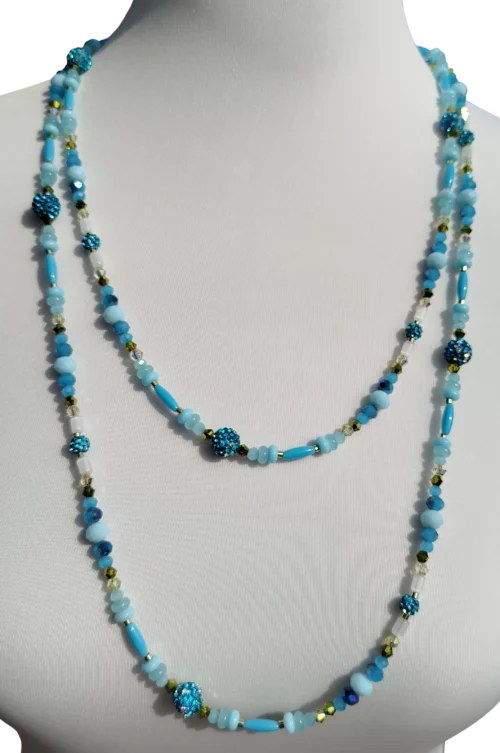 türkis glitzer langkette – mit blauen schmuckperlen