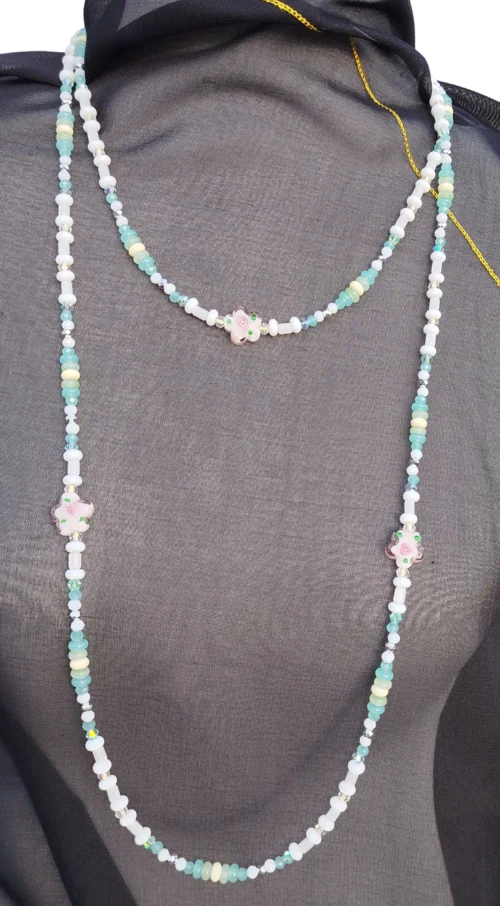 pastell perlenkette – handgefertigtes statement in mint und rosenquarz