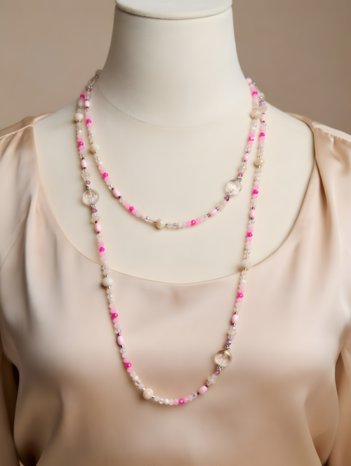 zuckerwatte perlenkette – handgefertigtes statement in rosa und kristall