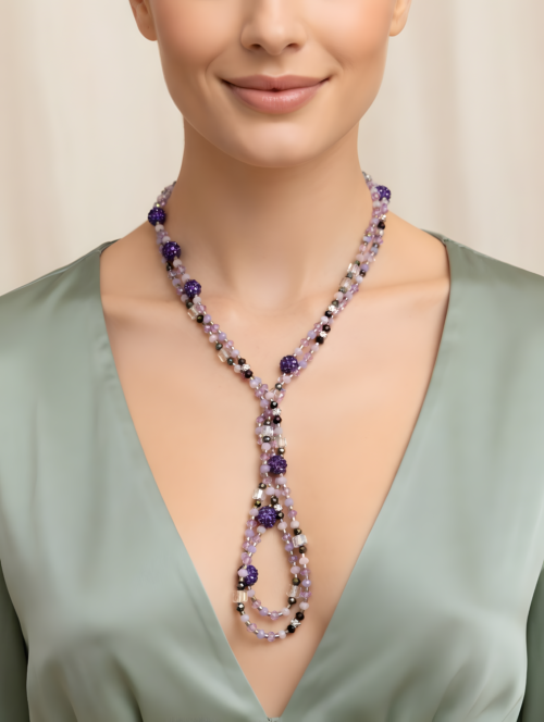 mitternachts flieder perlenkette – handgefertigtes statement in violett und kristall